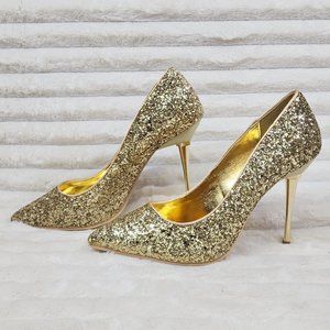 Pleaser Amuse Gold Glitter Pumps Slim Metal Stiletto Heels